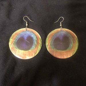Large Peacock Feather Shell Dangle Earrings